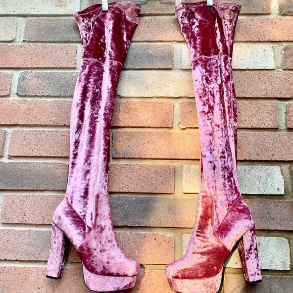 pink velvet knee high boots
